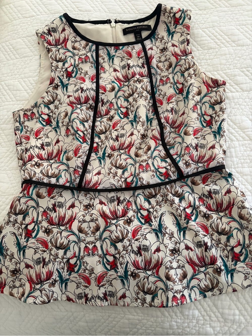Banana Republic Floral Peplum blouse in Cream with Red & Teal Accents